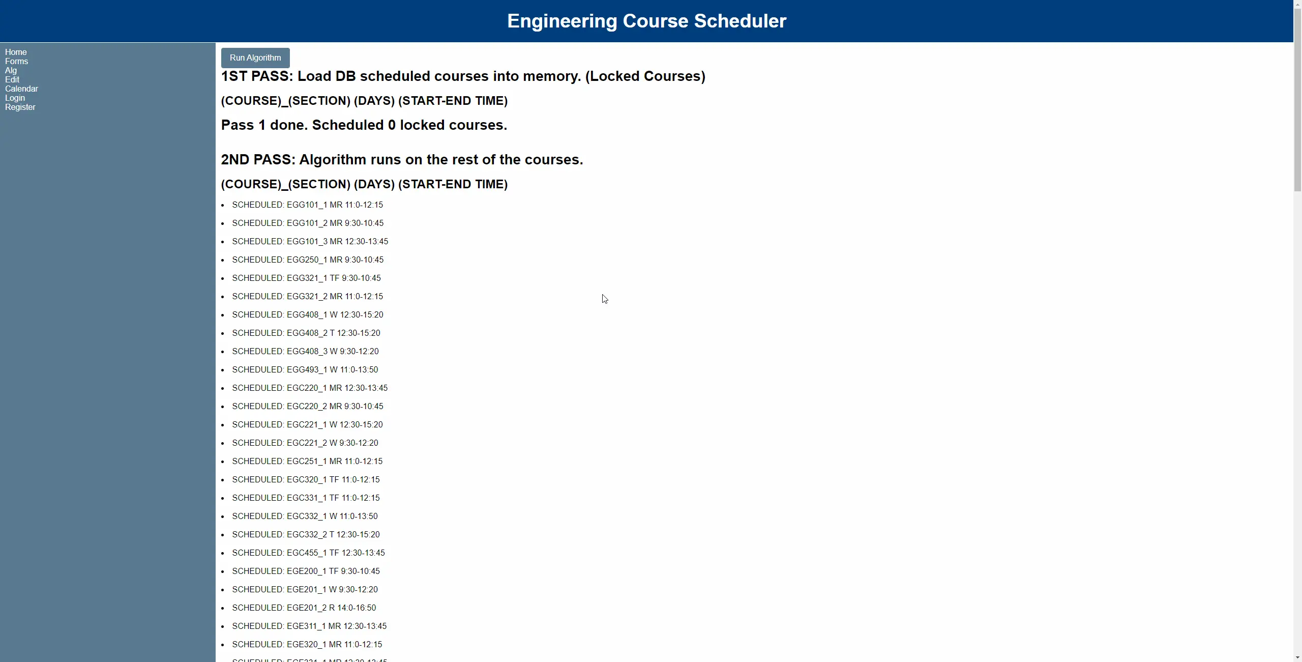 Course Scheduler Create Schedule View